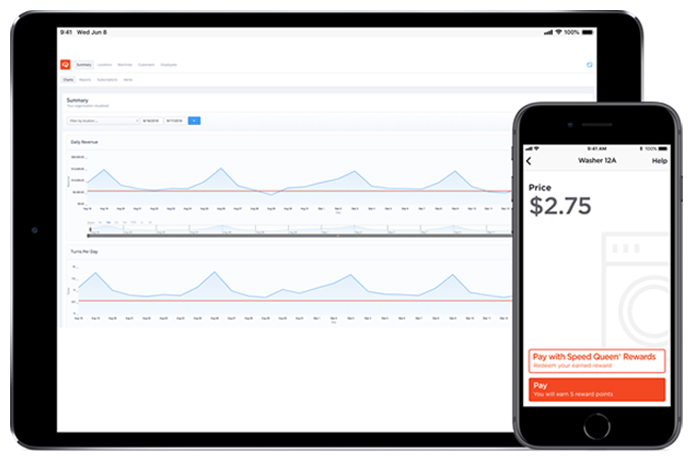 phone and tablet screens with laundry management apps